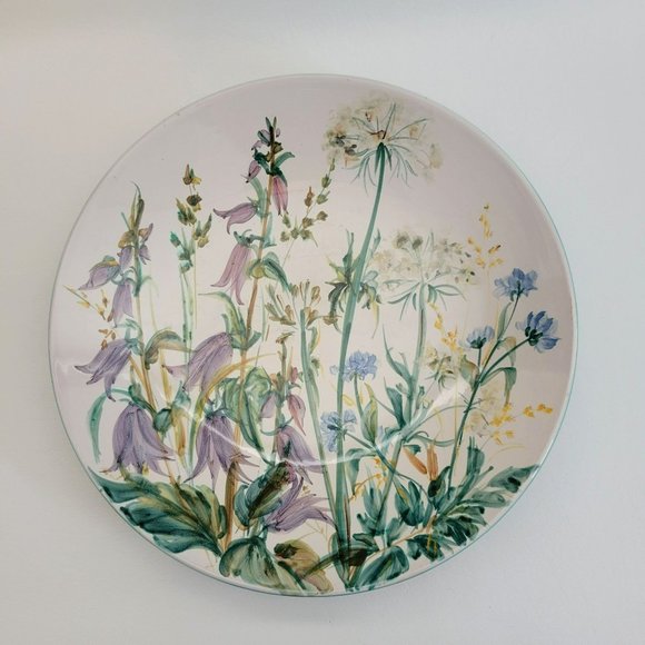 Unknown Other - Floral Artisan Pottery Low Bowl, 11.50" Round Wall Floral Decor, Hand Painted Wi